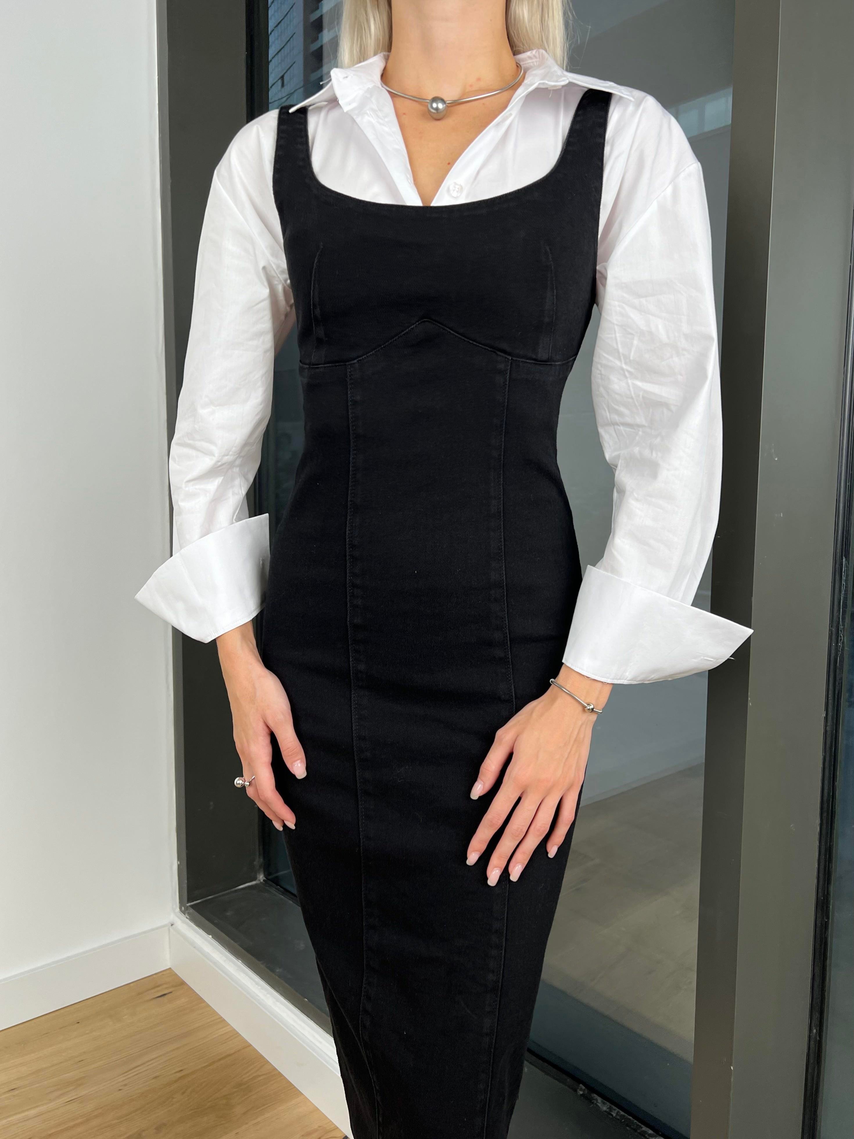 Kalın Askılı Arkası Fermuar Ve Yırtmaçlı Azimute Kadın Siyah Kalem Kot  Elbise 24k000165