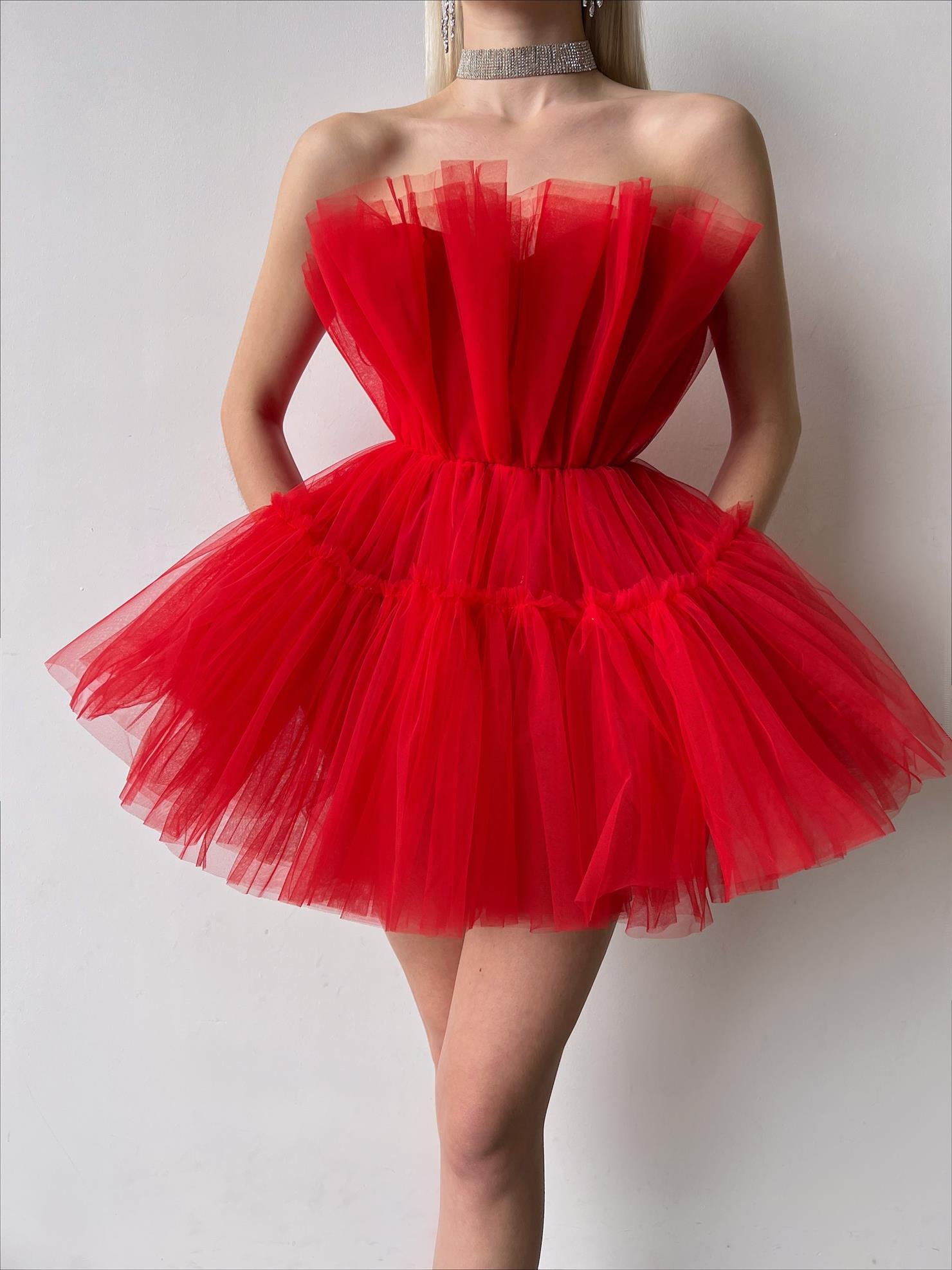 Straplez Frılly Kadın Kırmızı Mini Tül Elbise 23Y000221