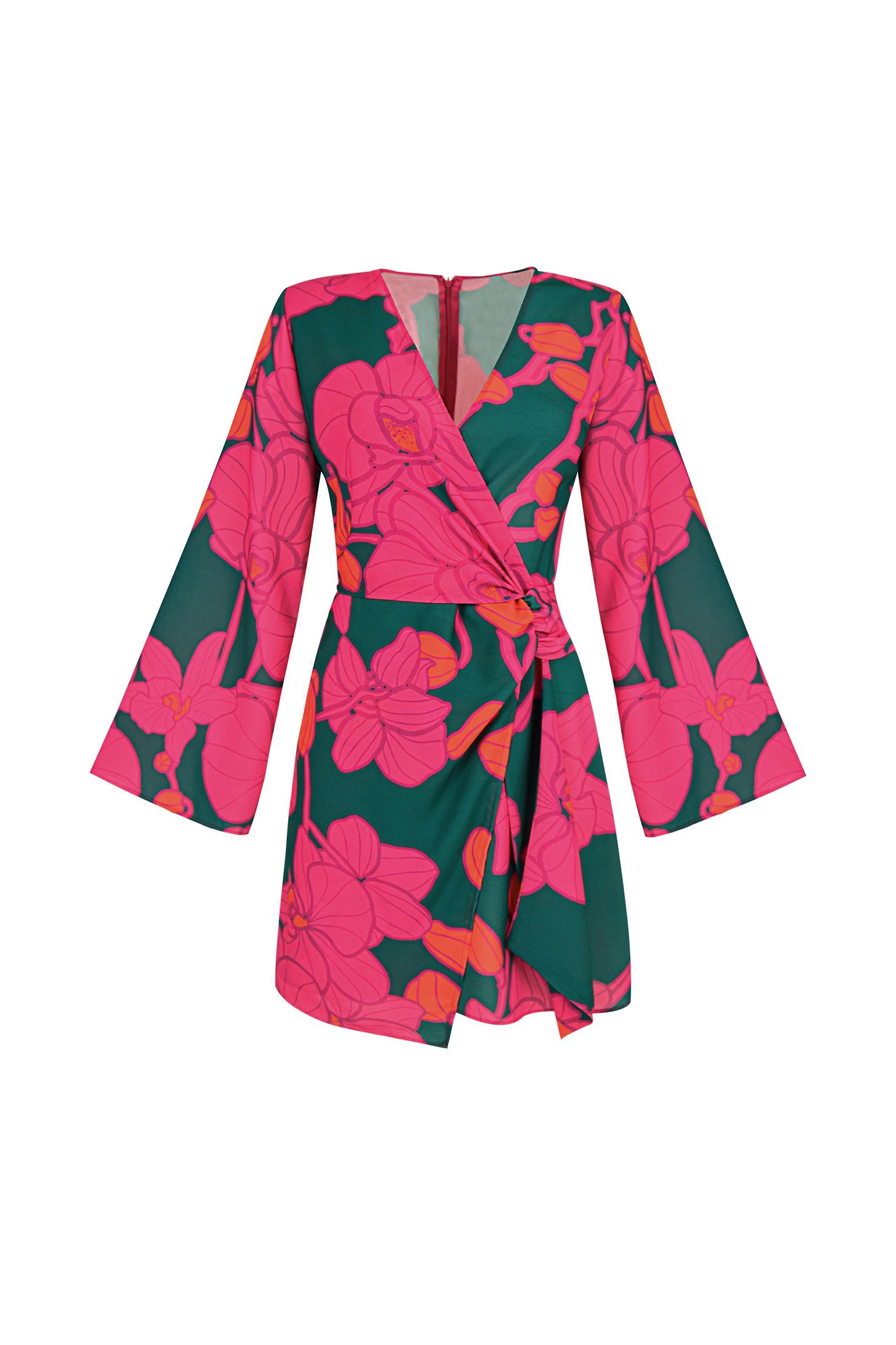 Green oriental contrast kimono wrap dress cheap