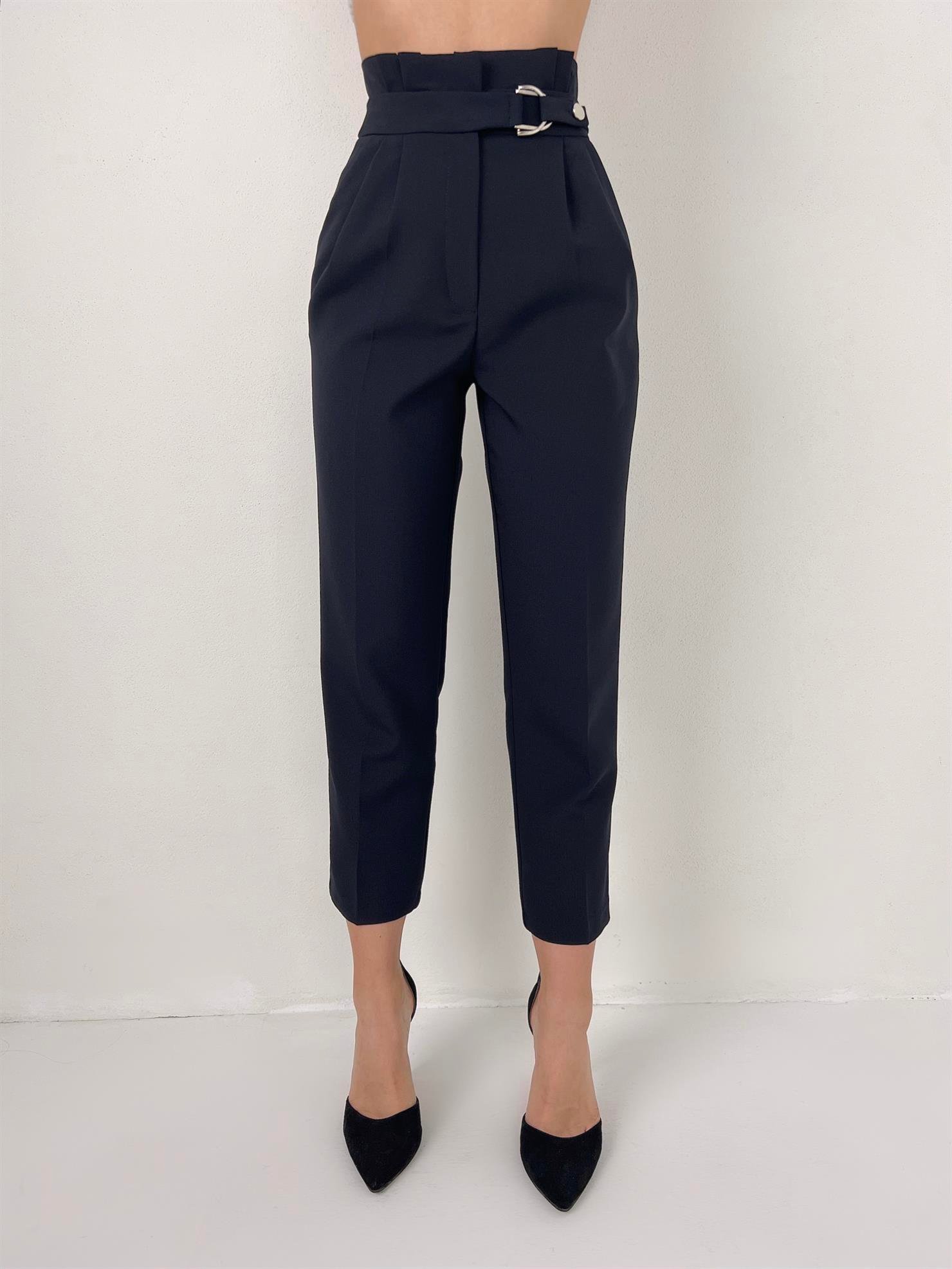 Belted High Waist Carrot Model Sabin Women's Navy Blue Trousers