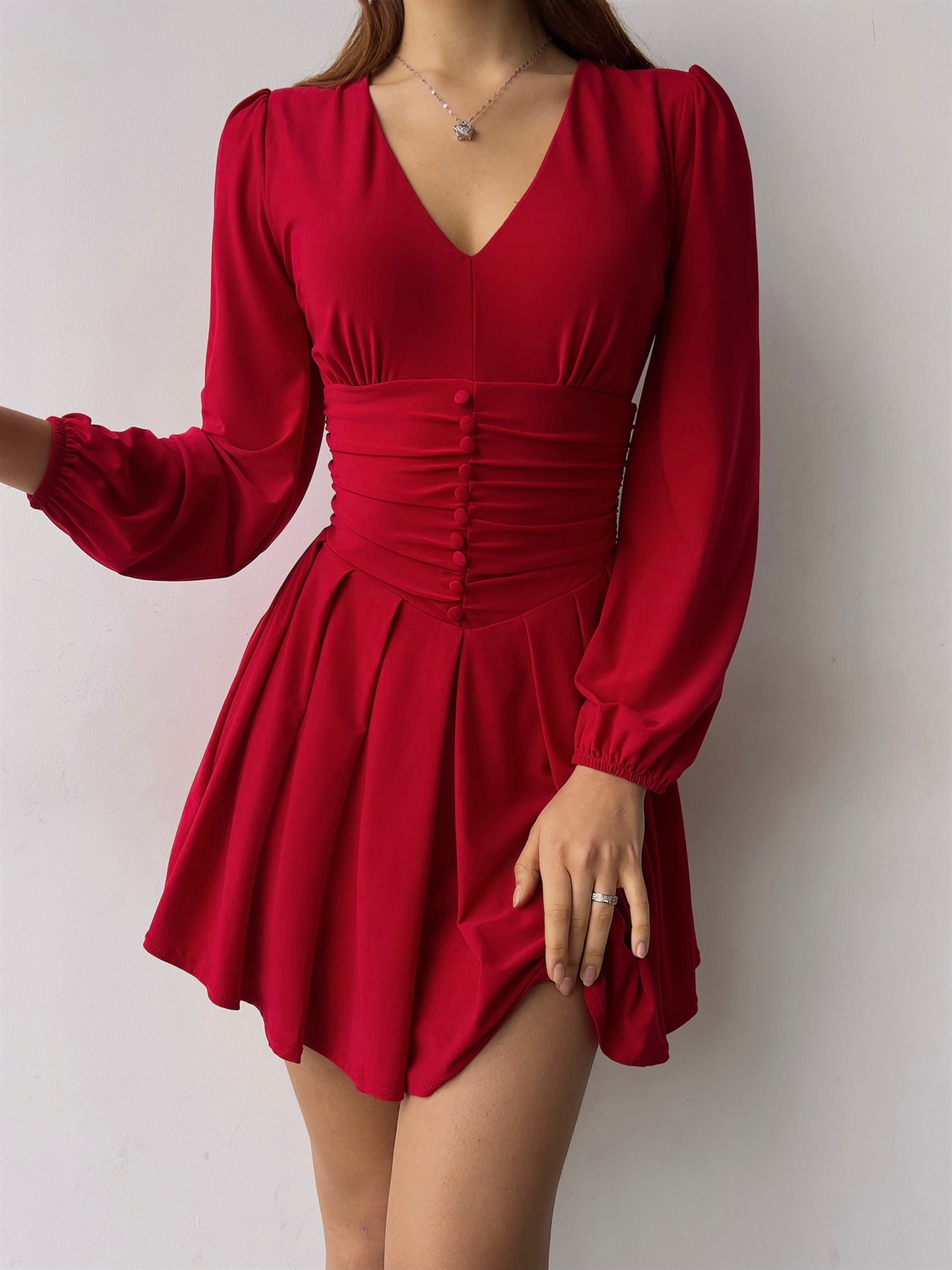 V Yaka Ön Düğme Detaylı Dahlia Kadın Kırmızı Elbise 23K000360