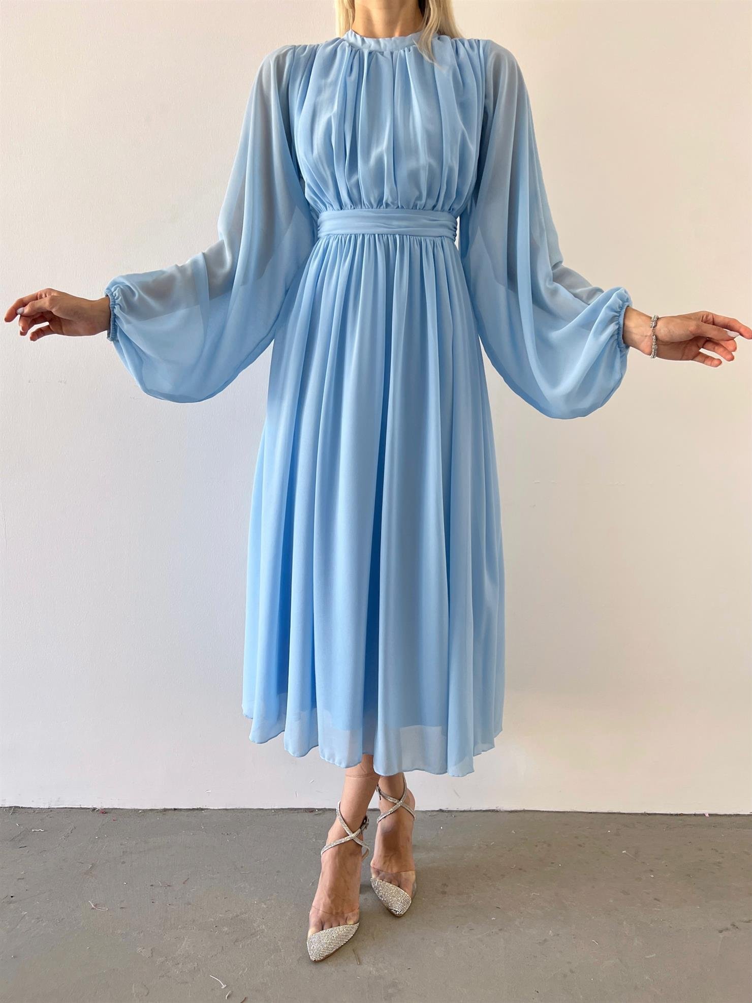 Sky Blue Solid Bamberg Silk Dress (Set of 3) Design by Taro at