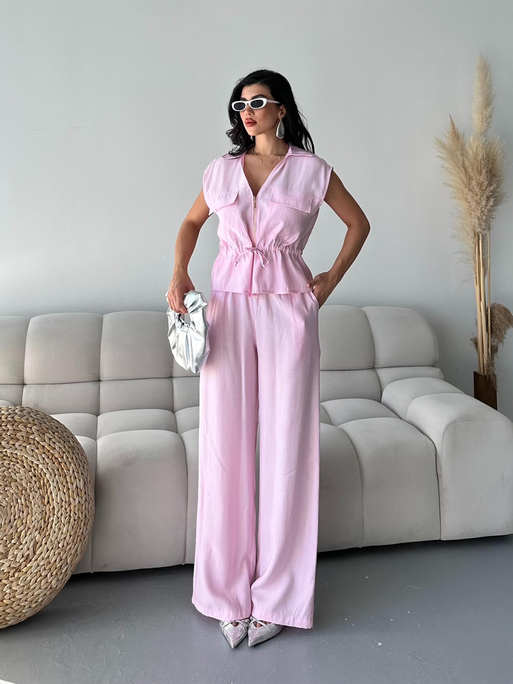 Bluz Pantolon Yazlık Keten Pembe İkili Takım