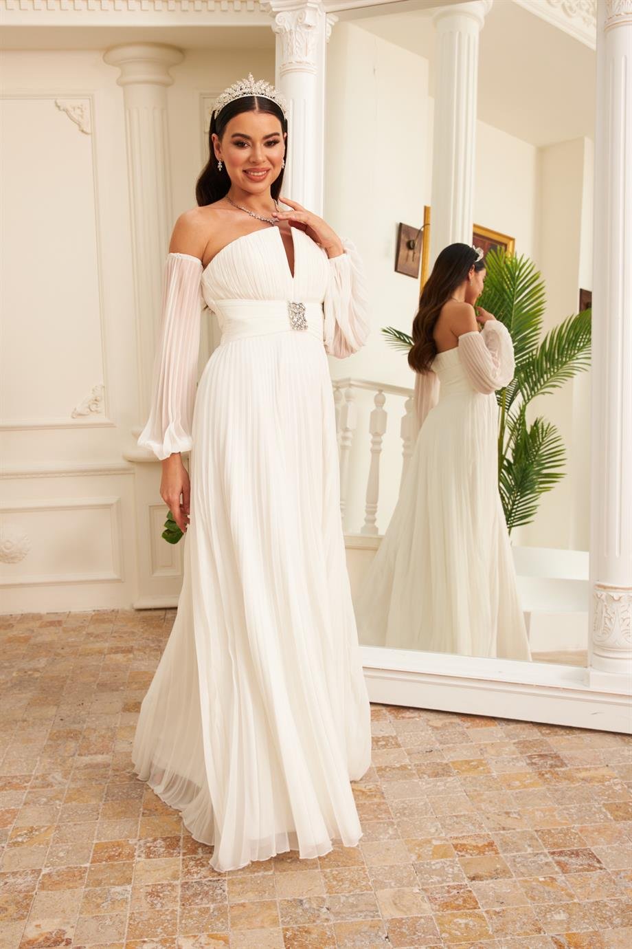 Carmen Ekru Şifon Kemer Detaylı Uzun Nikah ve Dış Çekim Elbisesi