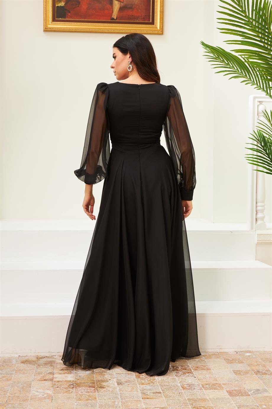 Carmen Siyah Şifon Uzun Abiye Elbise ve Söz Elbisesi