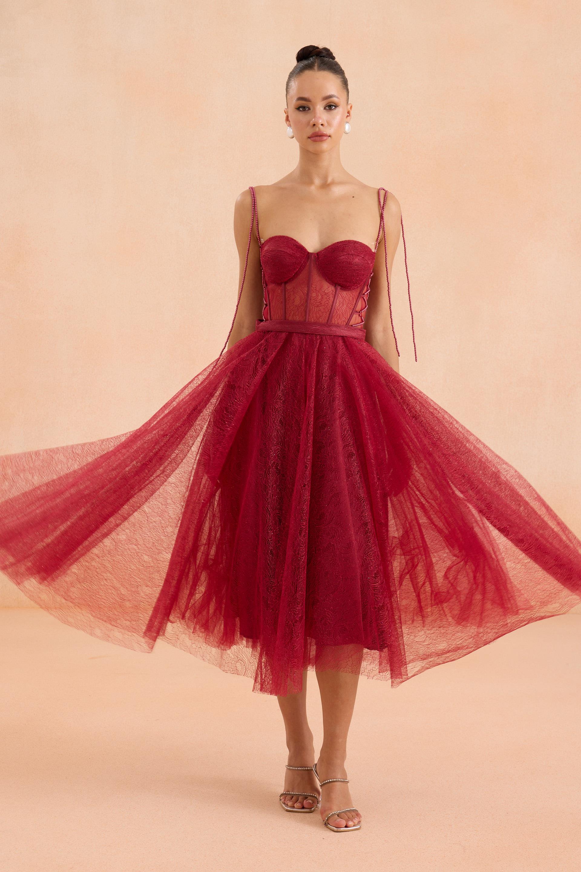 58523-3CARMENCarmen Bordo Midi Dantelli Abiye Elbise