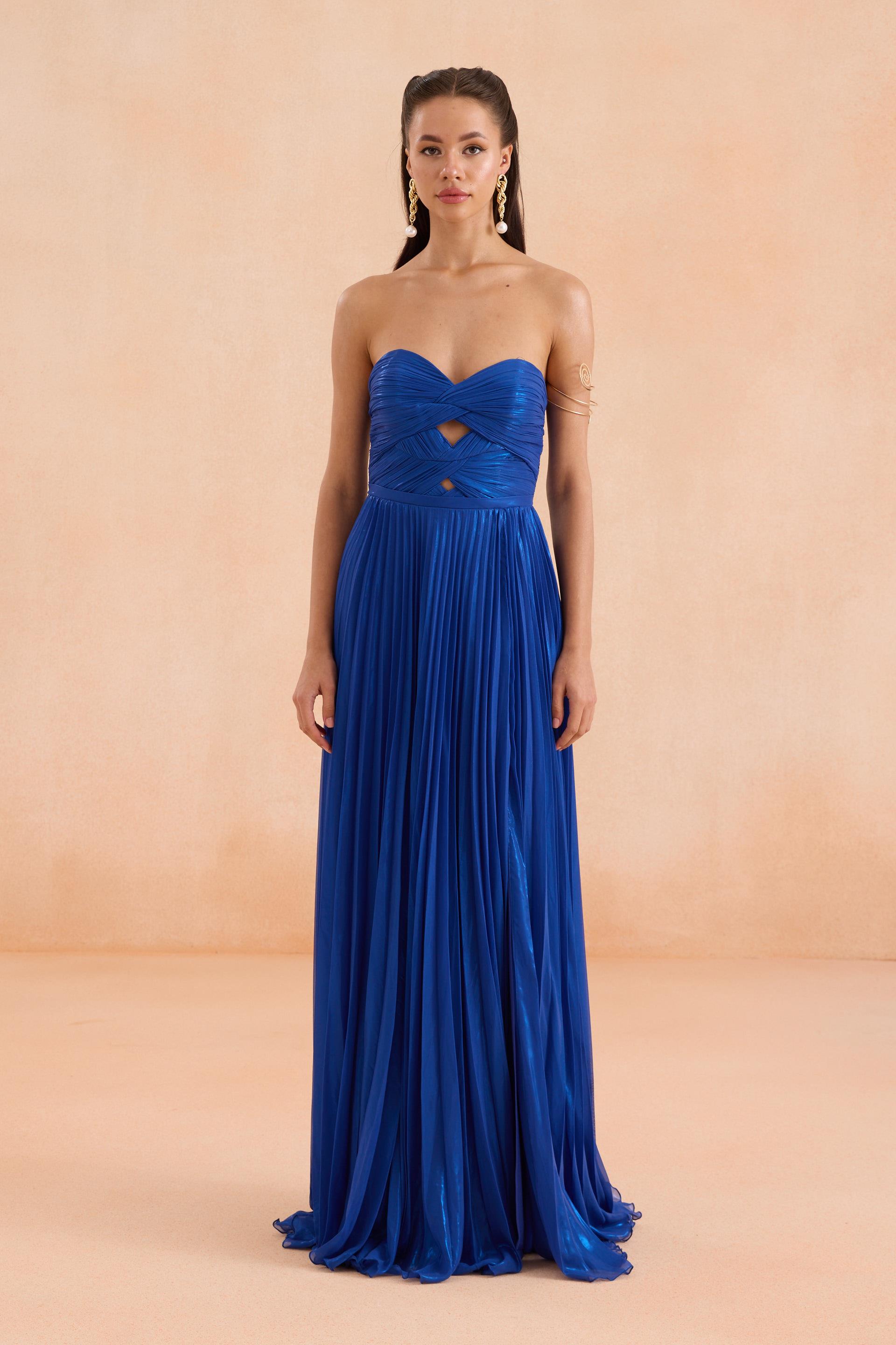 58570-25CARMENCarmen Saks Straplez Yırtmaçlı Laklı Şifon Abiye Elbise