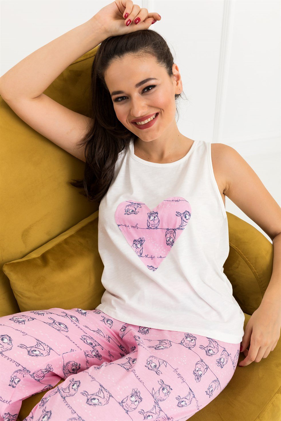 Baykuş Desenli Pijama Takımı - PEMBE