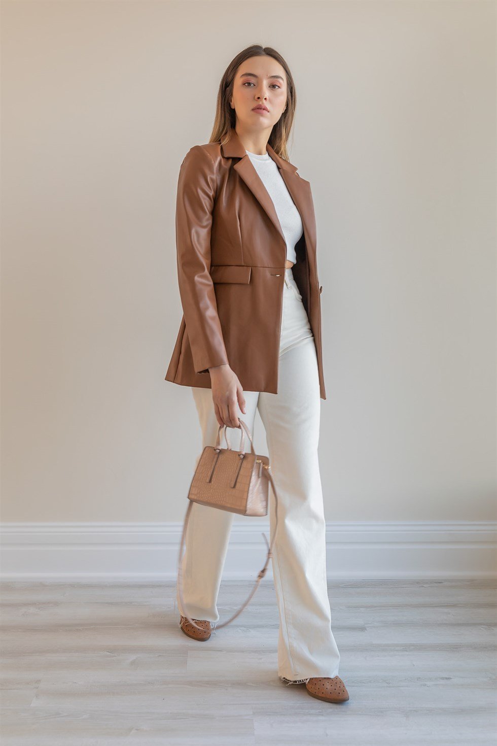 Çift Cepli Suni Deri Ceket - TABA BBW157CKT0006143 - Deniz Butik