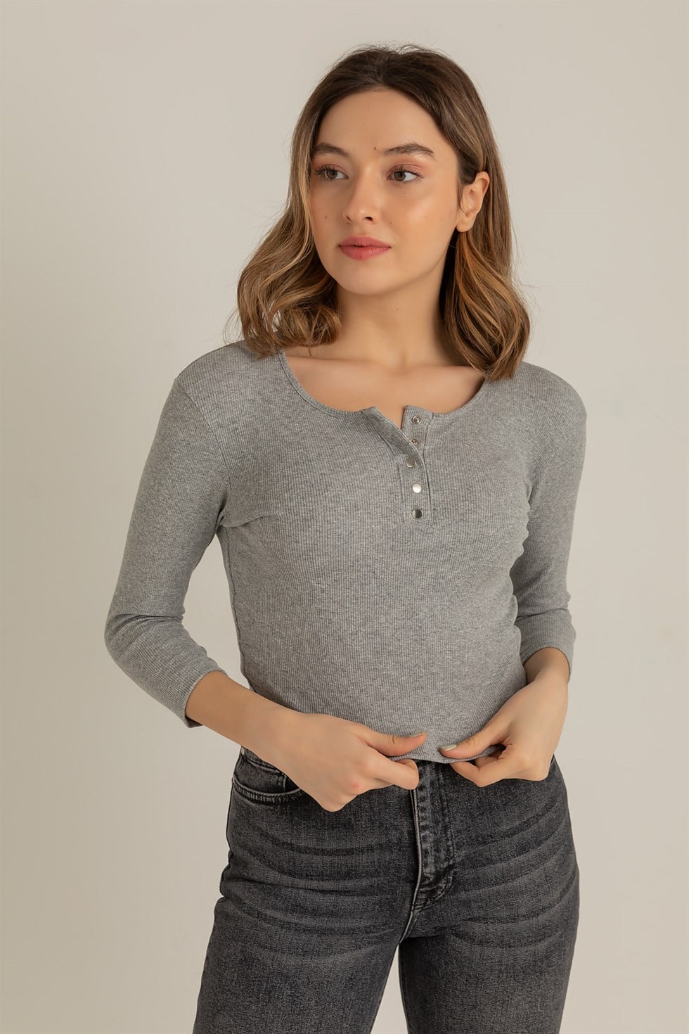 Çıtçıt Düğmeli Crop Bluz - GRİ - Deniz Butik
