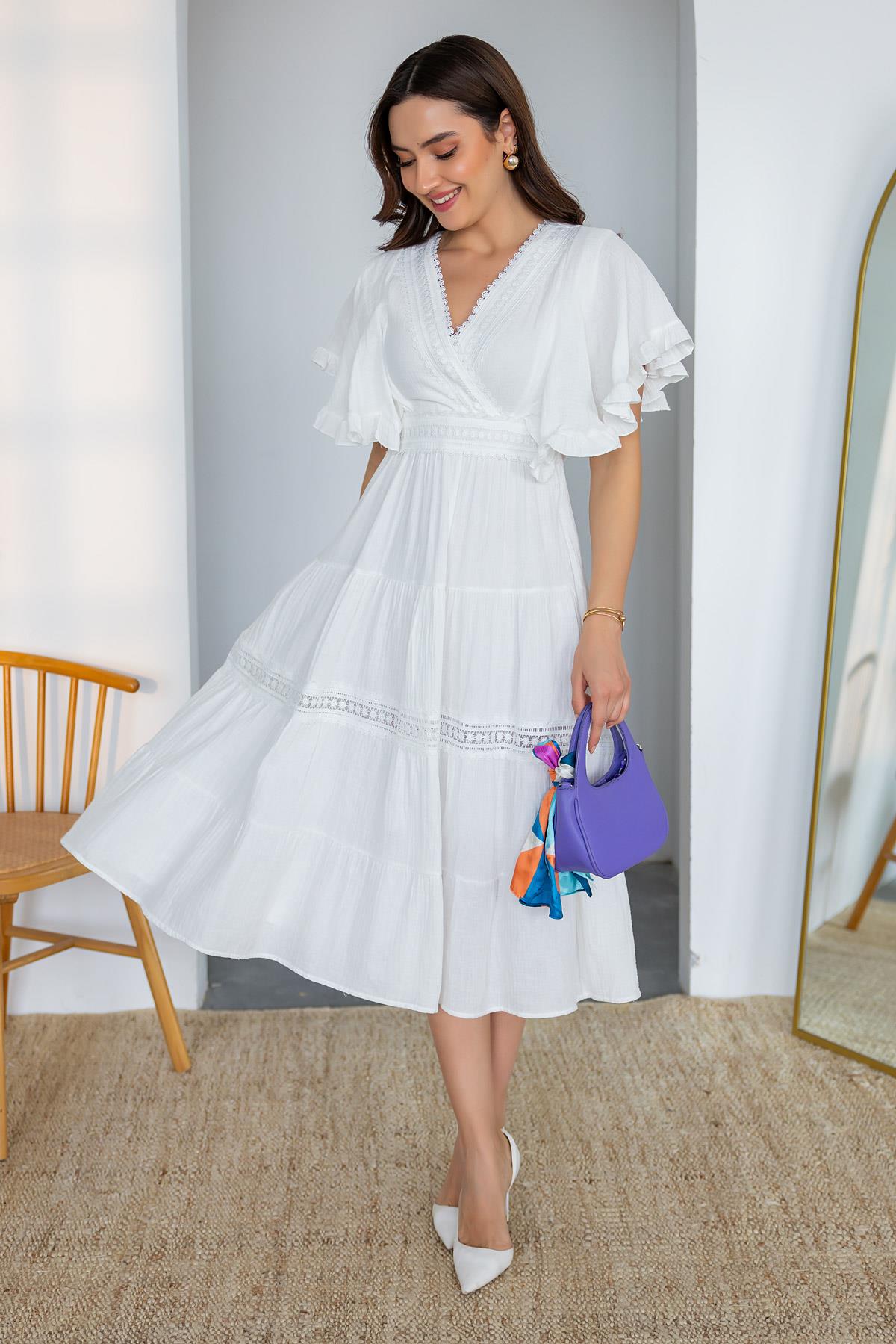 dusty blue mother of the bride dresses Dusty Blue Scoop Neck Short Sleeves Mother of The Bride Dresses with Lace Appliques