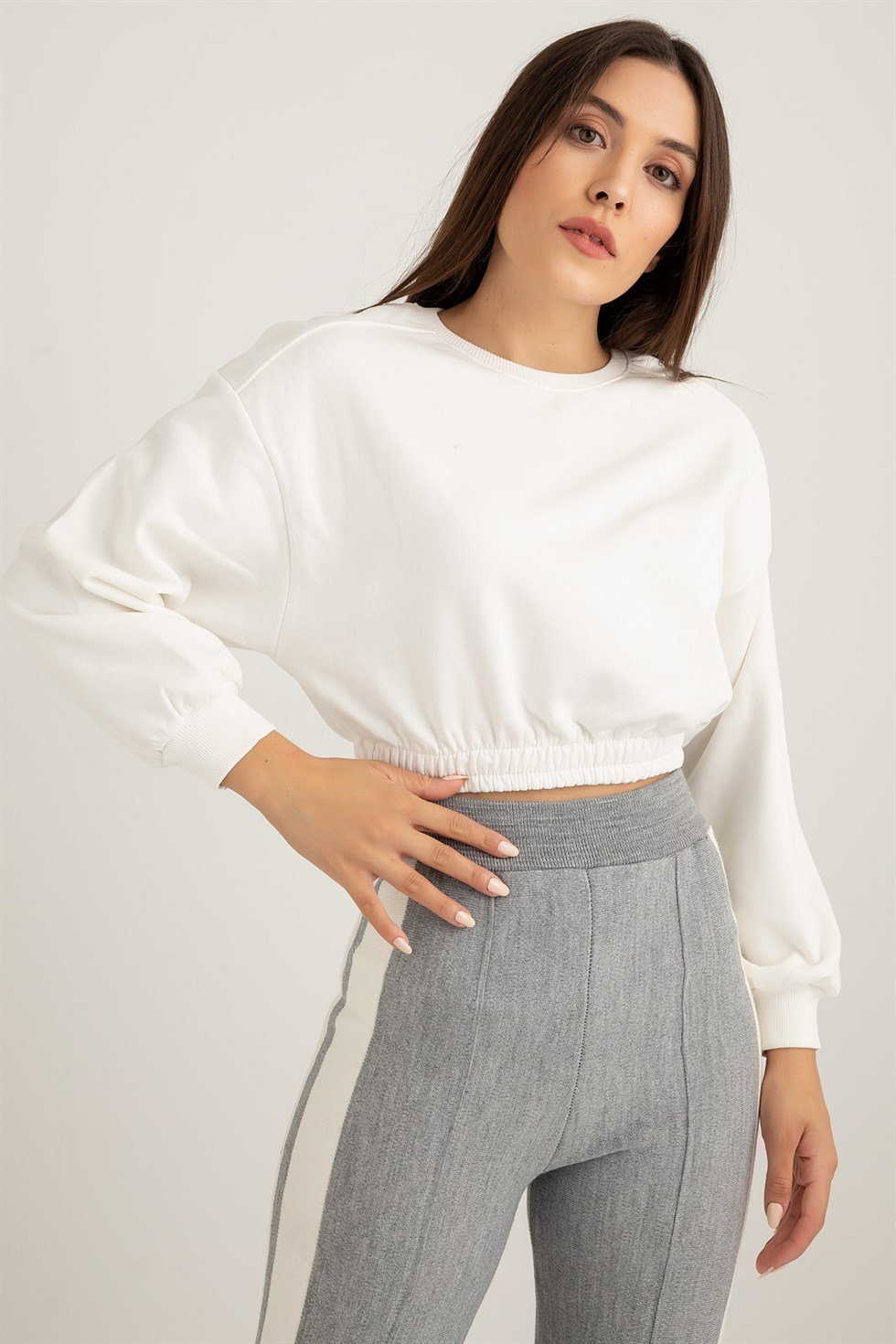 Lastikli Crop Basic Sweat BEYAZ