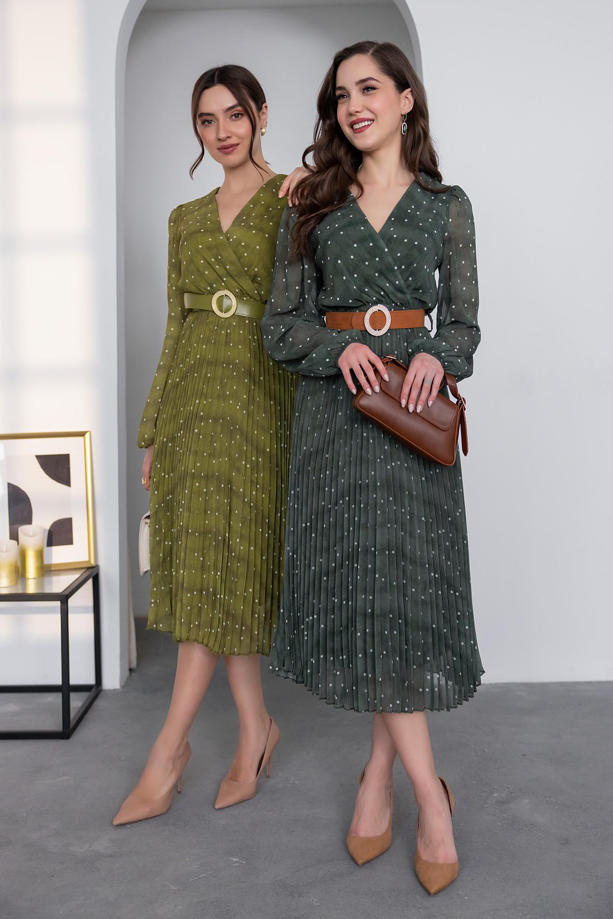 Polka Dot Pleated Dress - Emerald Green
