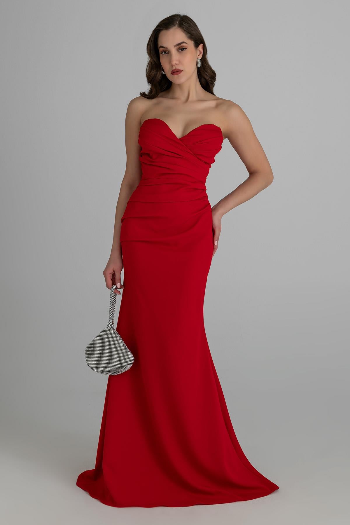 Strapless Ruched Mermaid Gown - Red