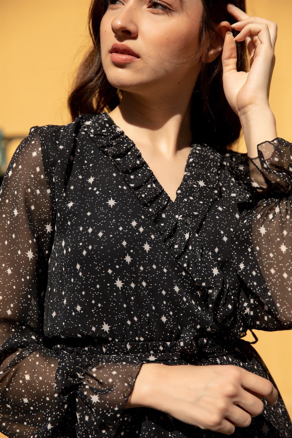 Yıldız Desen Şifon Elbise - SİYAH
