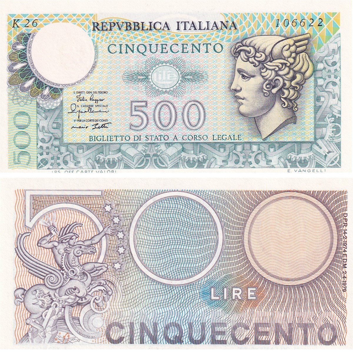 İtalya, 500 Lire (1974) P#94 ÇİL Eski Yabancı Kağıt Para