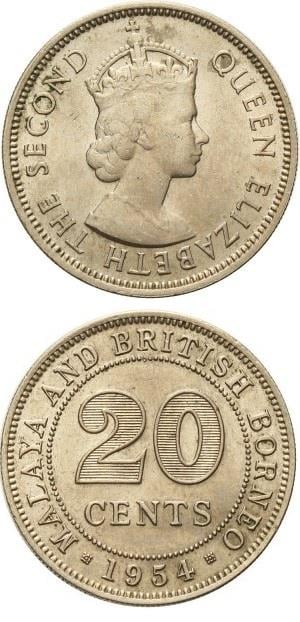 Malaya ve İngiliz Borneo 20 Cent 1954-61 ÇT/ÇÇT Eski Madeni Para