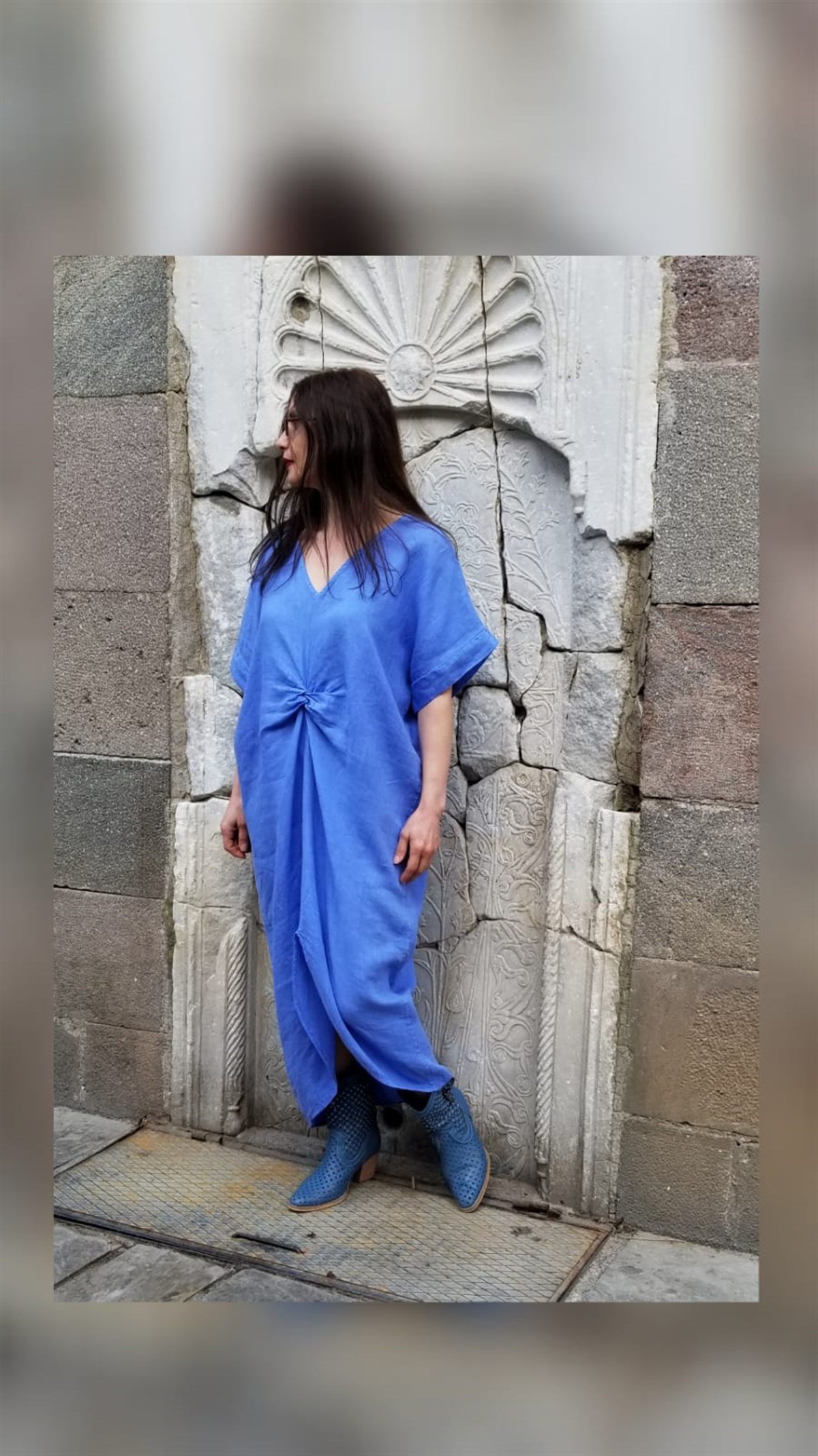 Mavi İtalyan Keten Elbise