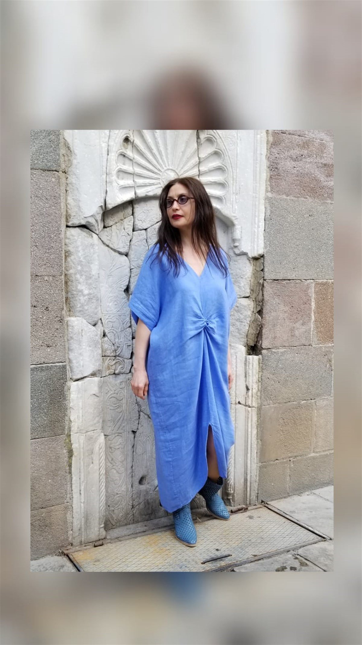 Mavi İtalyan Keten Elbise