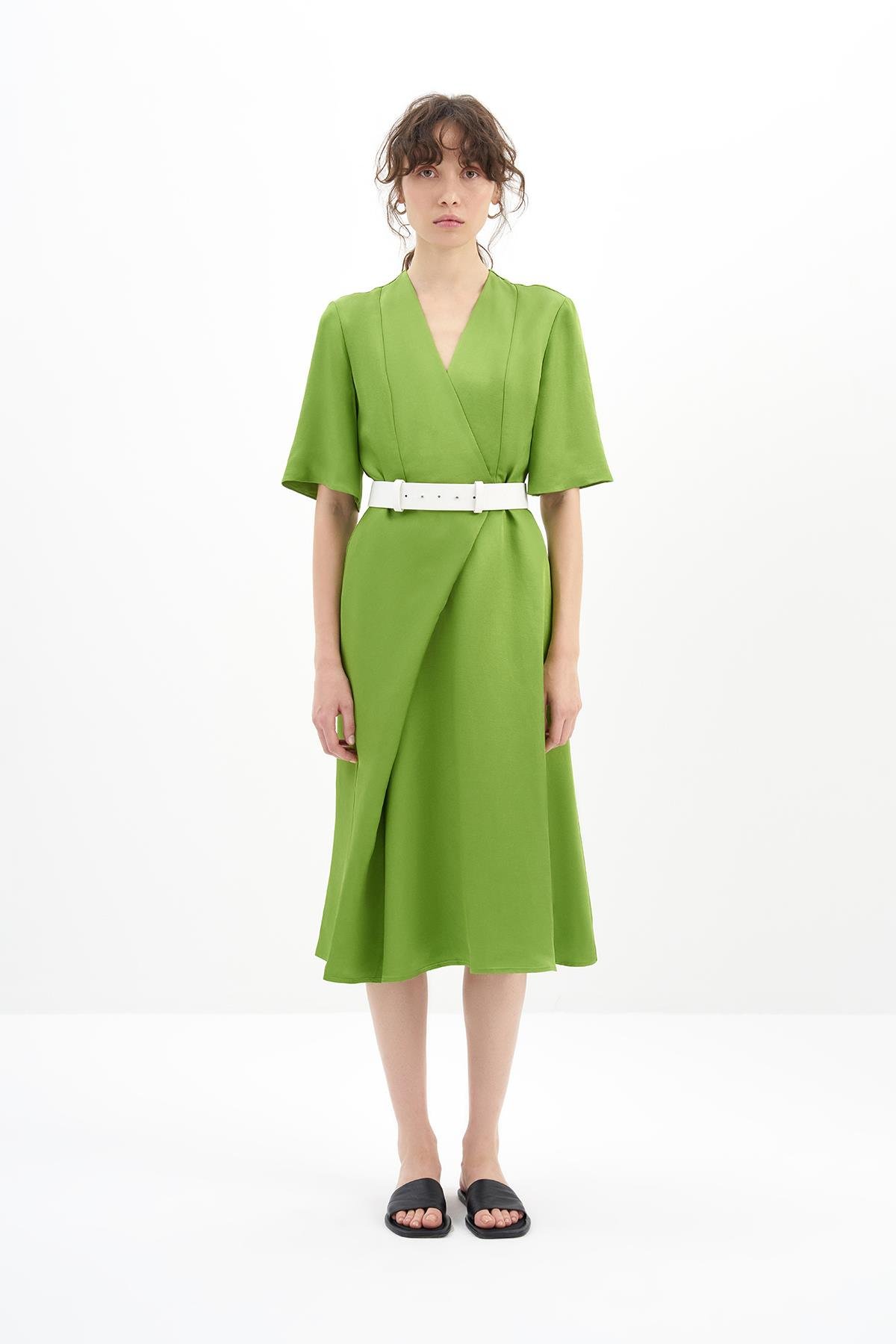 knee length dresses for ladies Foliate Linen-Blend Embroidered Button Up Midi Dress - Green | Disturbia main image 0