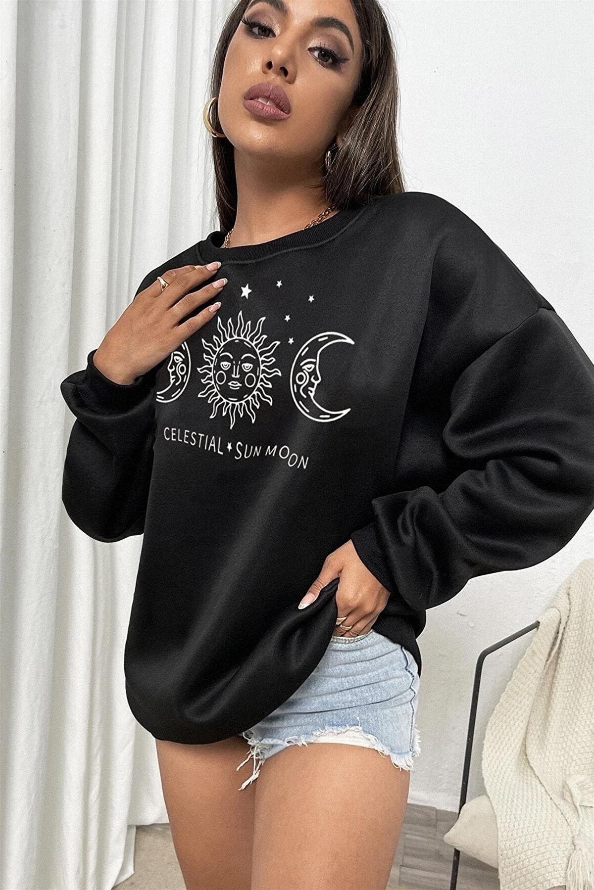 Oversize Siyah Kadın Sweatshirt Sun Moon Celestial | Millionaire.com.tr