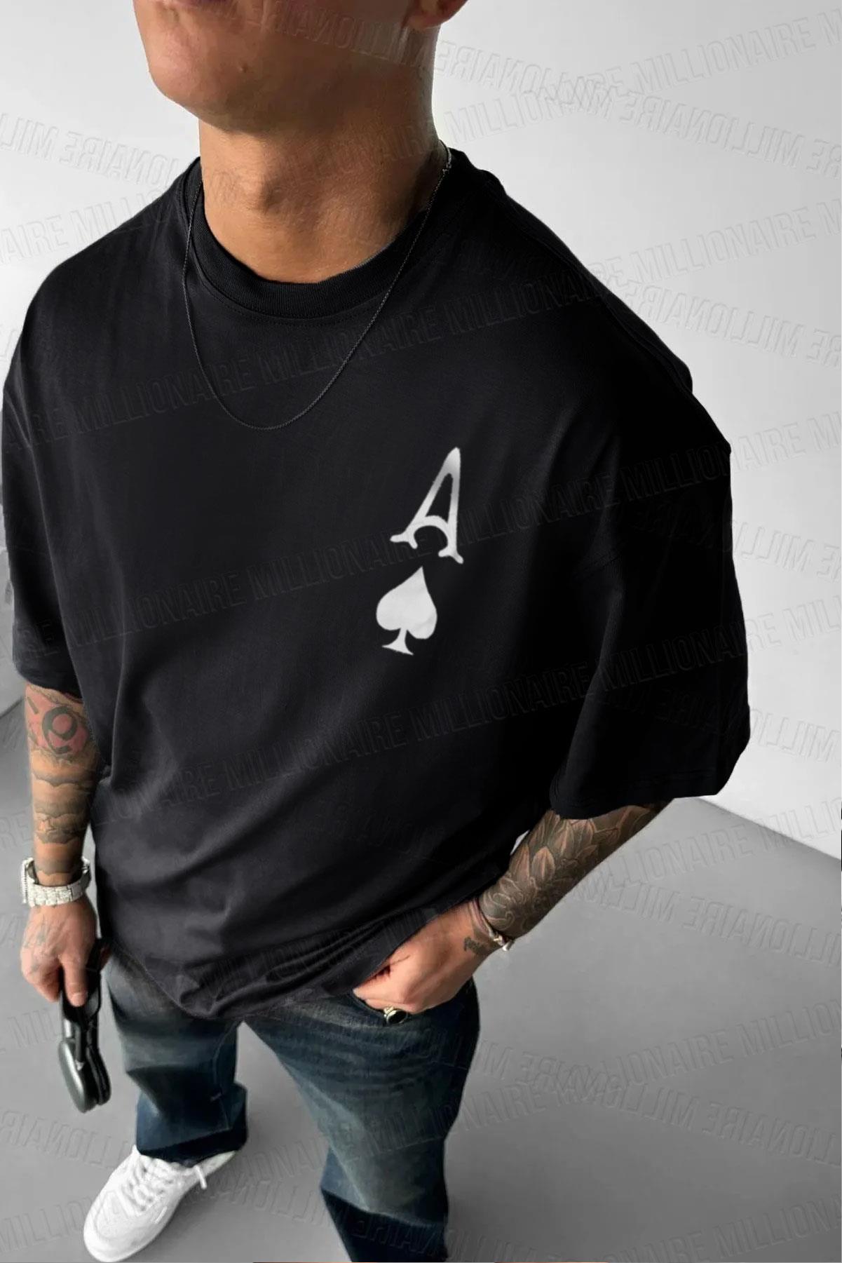 Erkek Maca As Bask l Siyah Oversize T Shirt