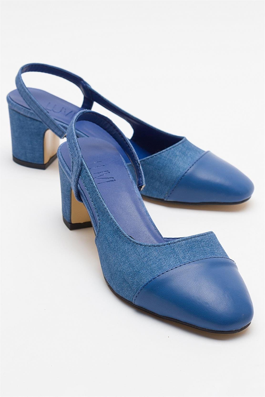 S3 Kot Mavi Kadın Burnu Kapalı Kalın Topuklu Sandalet