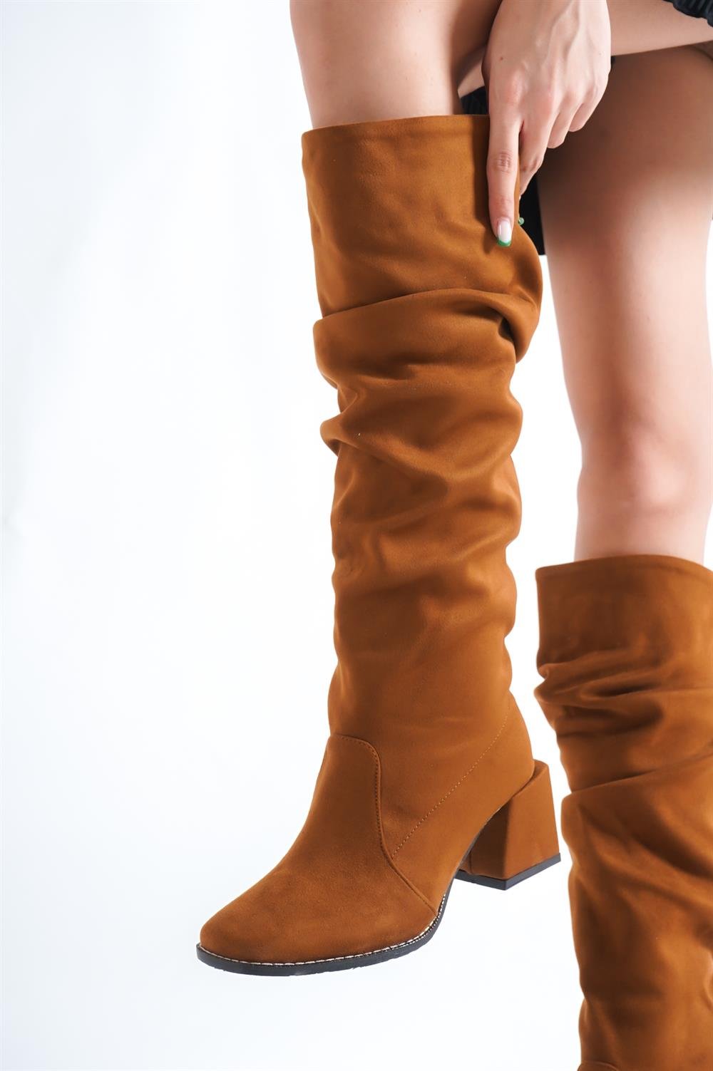 Capone Below Knee Blunt Toe Side Zipper Stretchy Suede Heeled Woman Boots