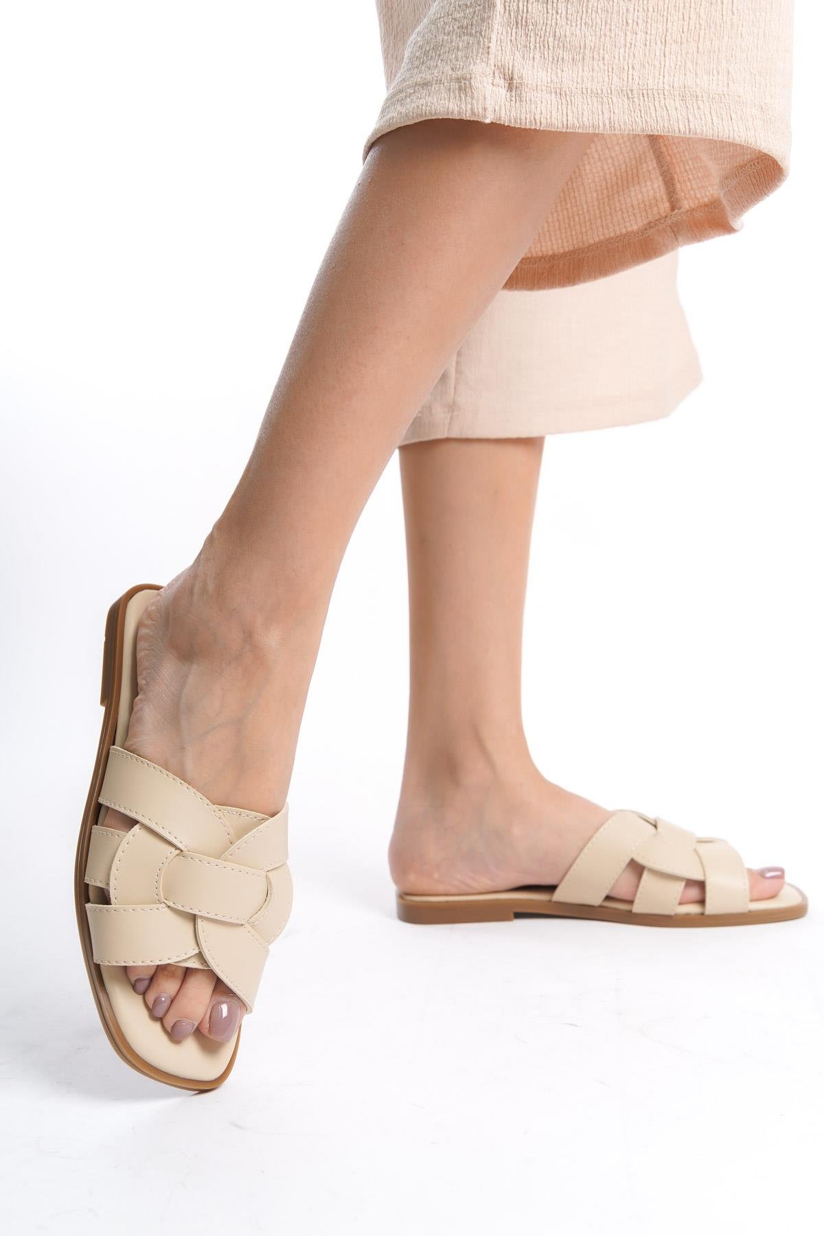 Capone Halsey Women Beige Slide Flat Sandals caponeoutfitters