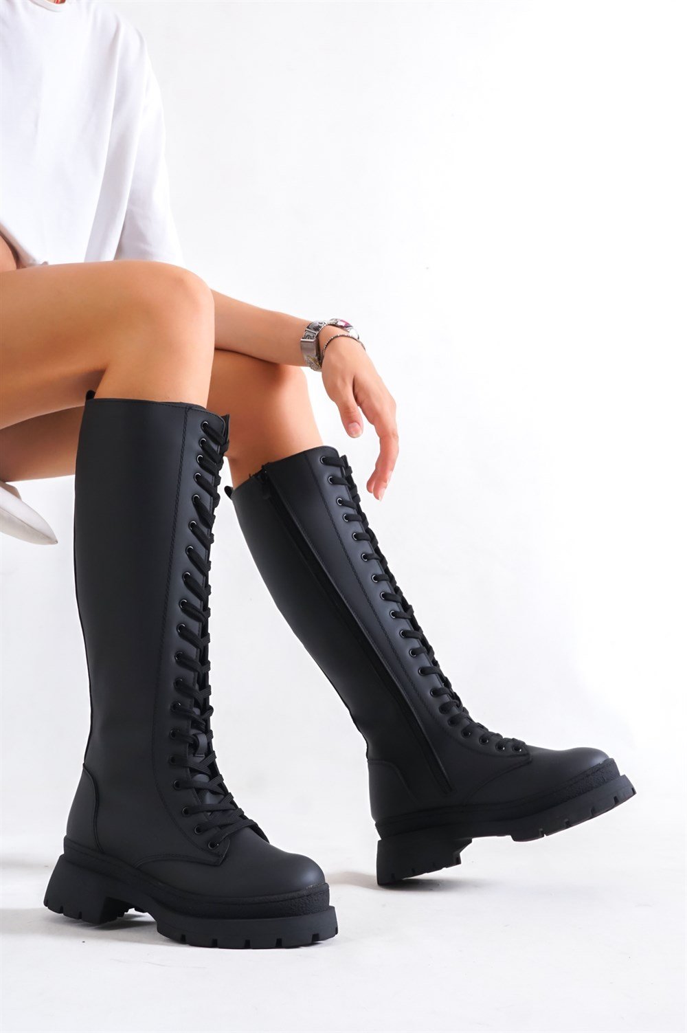 Capone Knee Height Front Lace Up Inner Side Zipper Trak Sole Capone Knee Height Front Lace Up Inner Side Zipper Trak Sole