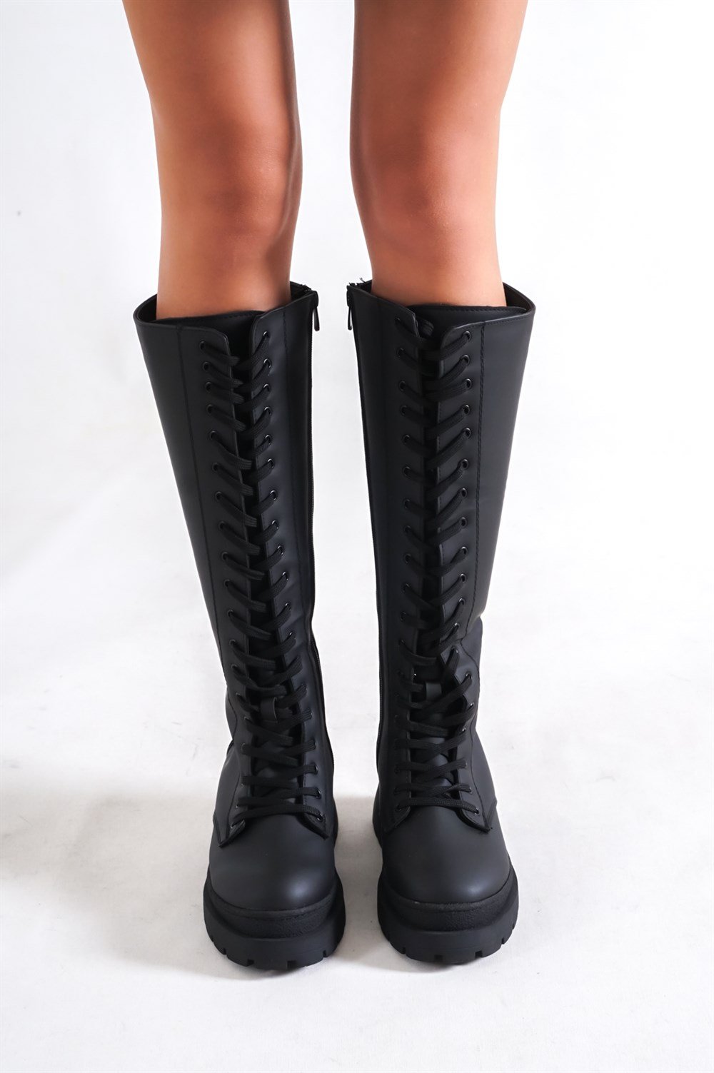 Capone Knee Height Front Lace Up Inner Side Zipper Trak Sole Capone Knee Height Front Lace Up Inner Side Zipper Trak Sole