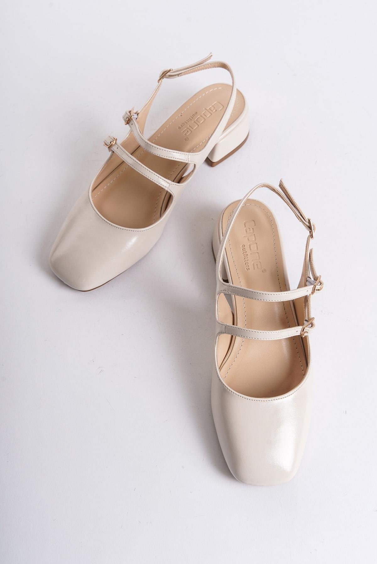Capone Mary Jane Open Back Oval Toe Double Belted Women Ecru Shoes