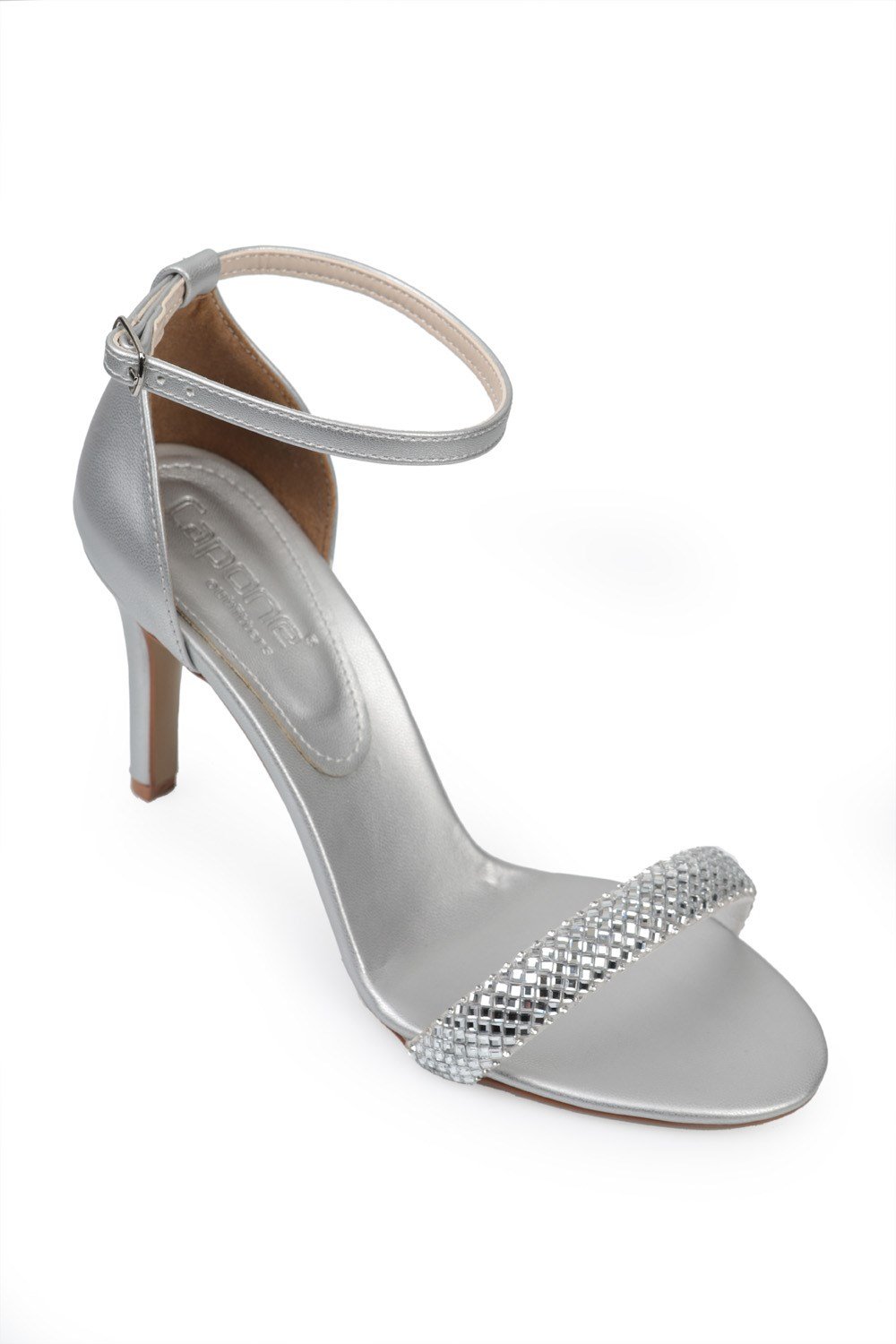 Capone Mid Heel Crystal Embellished Band Women Silver Sandals |  caponeoutfitters.com