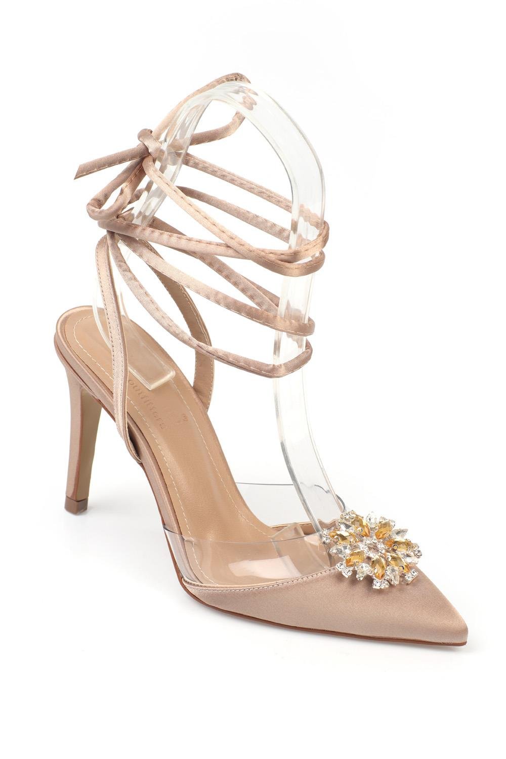 Capone Pointed Toe Translucent Detail Crystal Flower Bouckle Ankle Lace Up Satin  High Heel Woman Shoes