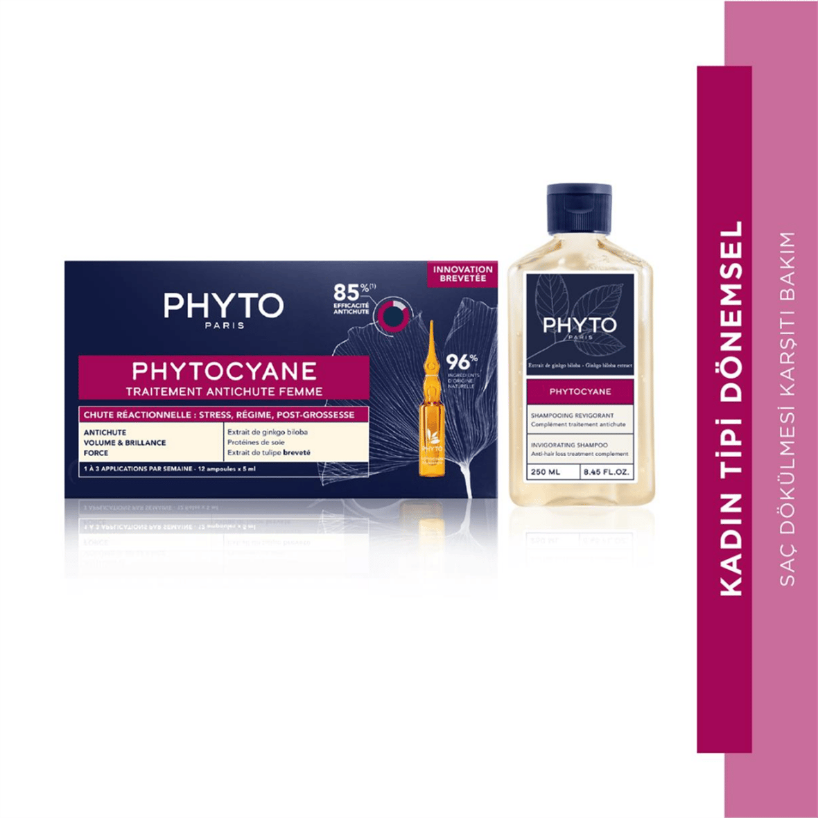 Phyto kadın tipi kronik saç dökülme karşıtı 12 x 5 ml ampul+Cyane  Invigorating Kadın Tipi Saç Dökülmesine Şampuan 250 Ml
