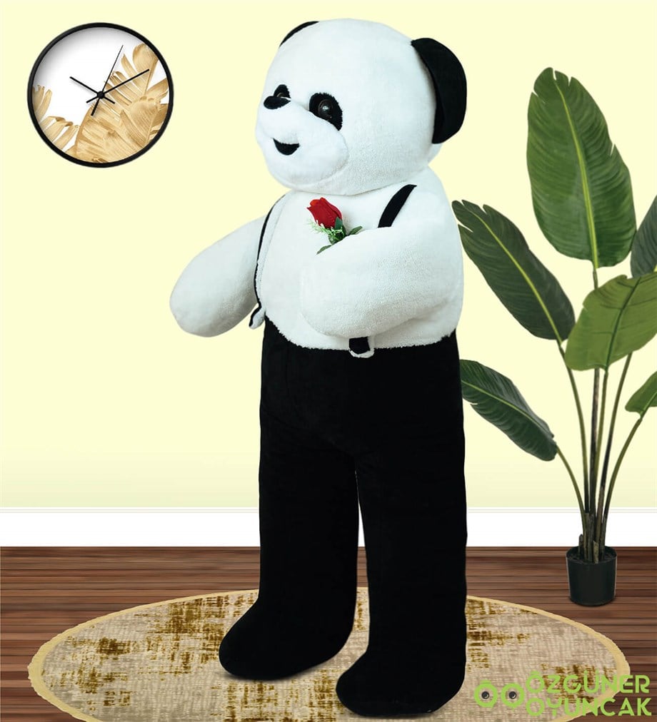120 cm Elinde Çiçek Tutan Tulumlu Peluş Panda Fiyatları | Pababo.com