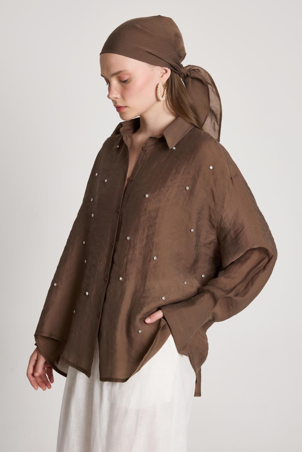 Breeze Oversize Taş Detaylı Gömlek Kahve