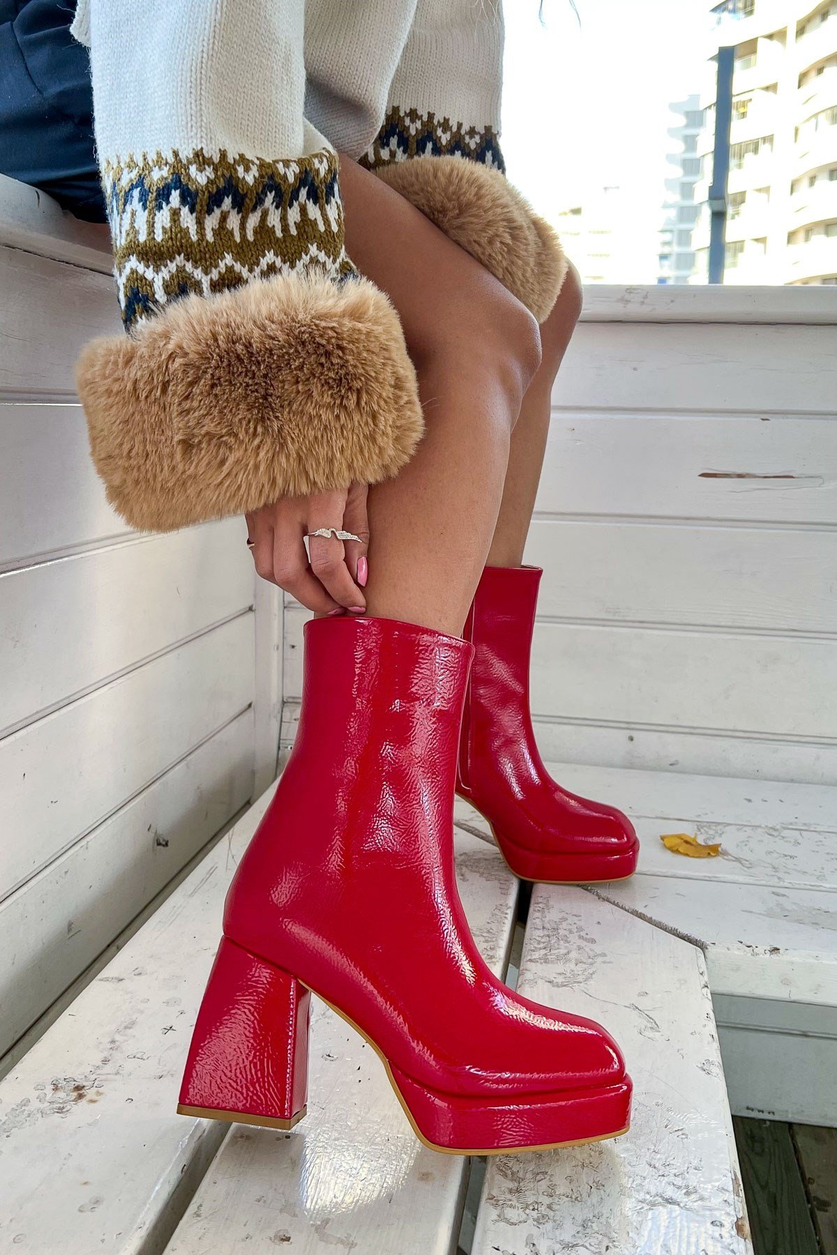Astro Red Cracked Patent Leather Platform Heeled Boots