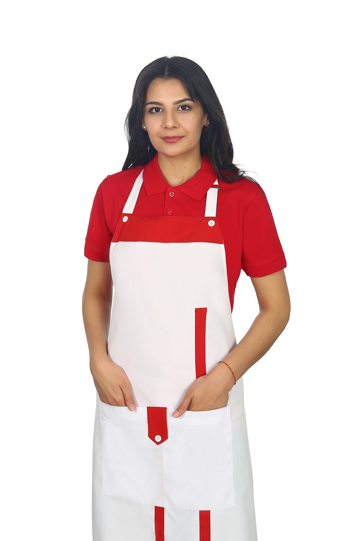 Özel Tasarım Beyaz Kırmızı Detaylı Boydan Önlük | bayramiselbiseleri.com