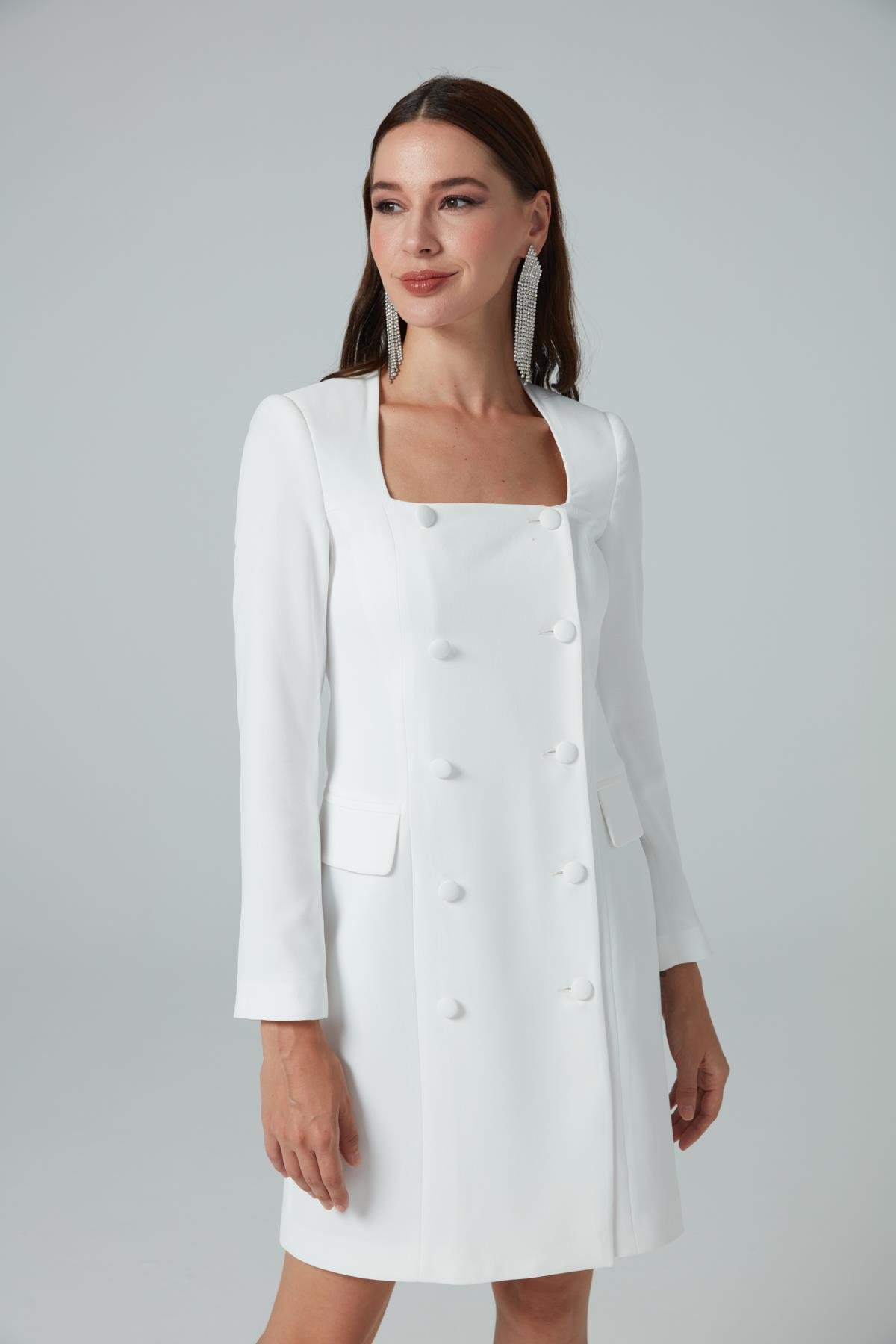 Monica Elbise Beyaz - Kare yaka ceket elbise | Elbise | Modalogy