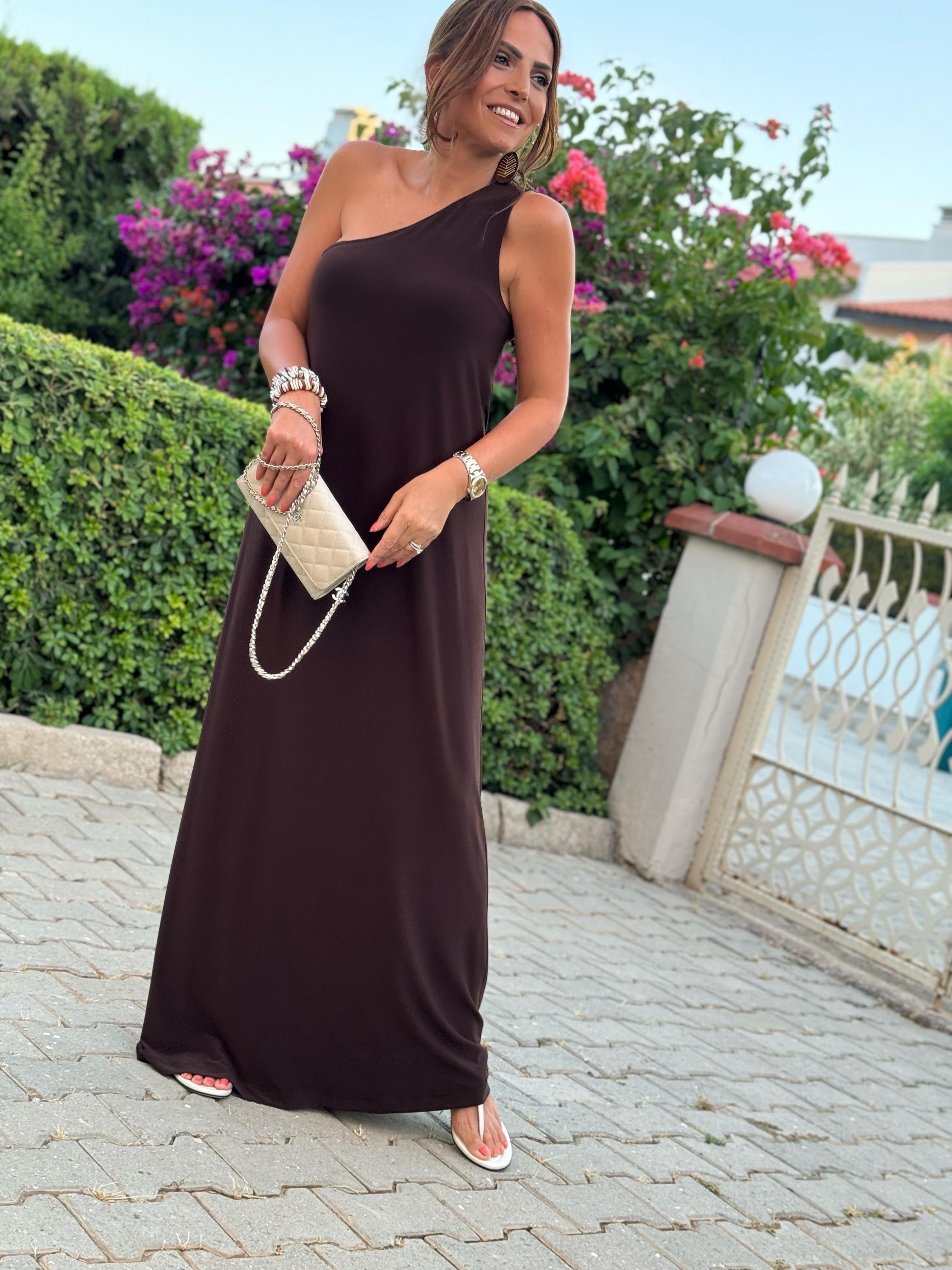 Ibiza Dress Brown | One shoulder jersey maxi dress | Dress