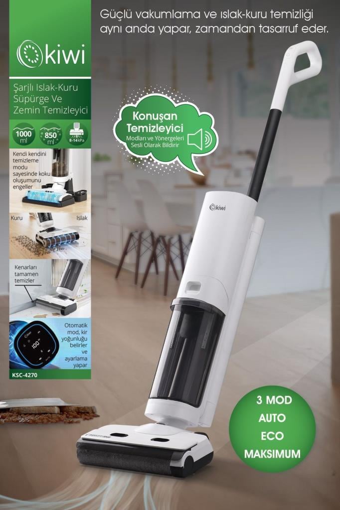 Kiwi KSC-4270 Şarjlı Sesli Komutlu Islak-Kuru Süpürge ve Zemin