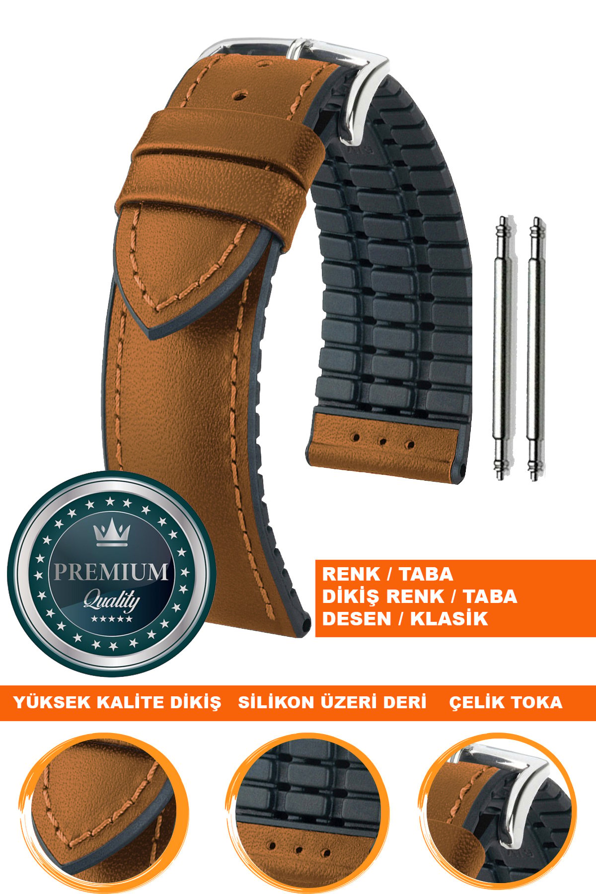 20mm-22mm-24mm Saat Uyumlu Siyah Renk Üzeri Taba Renk Klasik Model