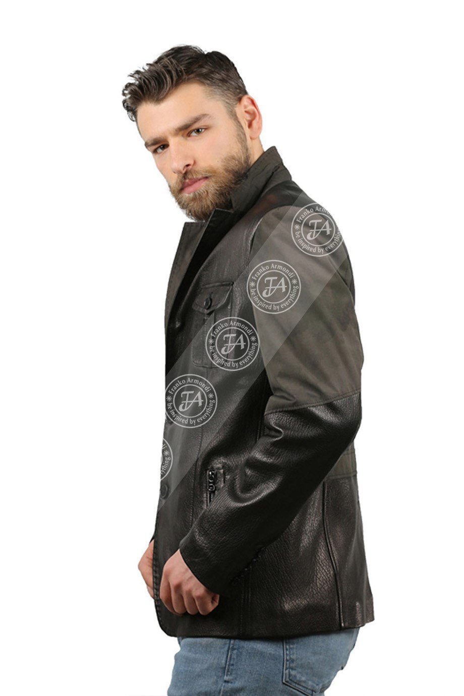 Men's Real Leather Sport Blazer Slim Fit Punto Fabric Camouflage Black  BLZ-958-18209 FA1