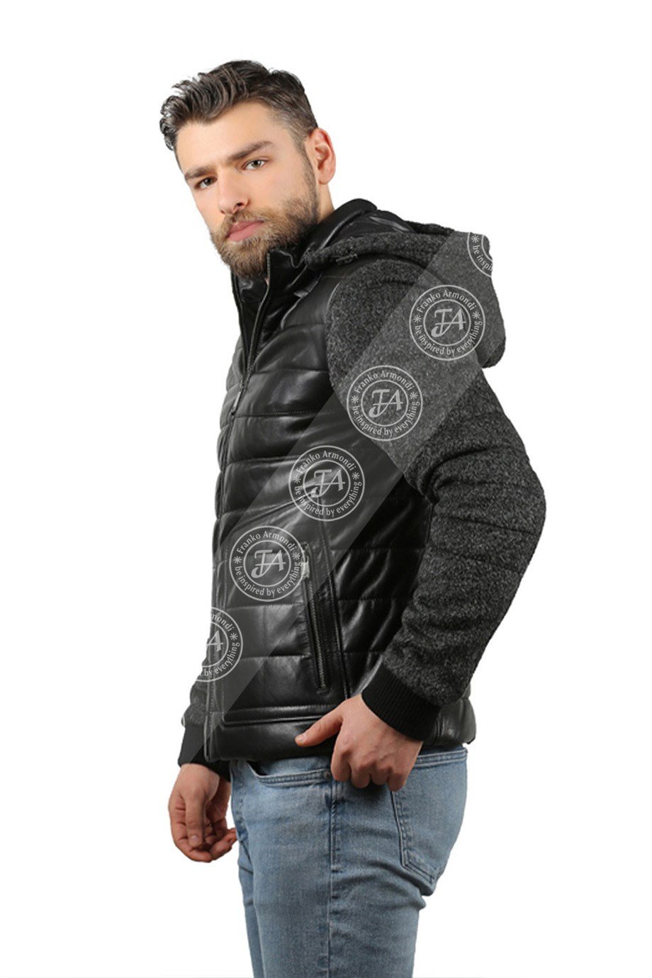 Men's Genuine Leather Sport Puffy Winter Coat Hooded Cashmere Black  k-676-17325 FA1