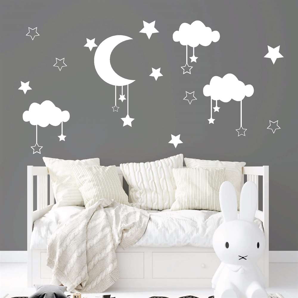 Dijitalya | Beyaz Yıldız, Ay ve Bulutlar Bebek Çocuk Odası Sticker - STC67