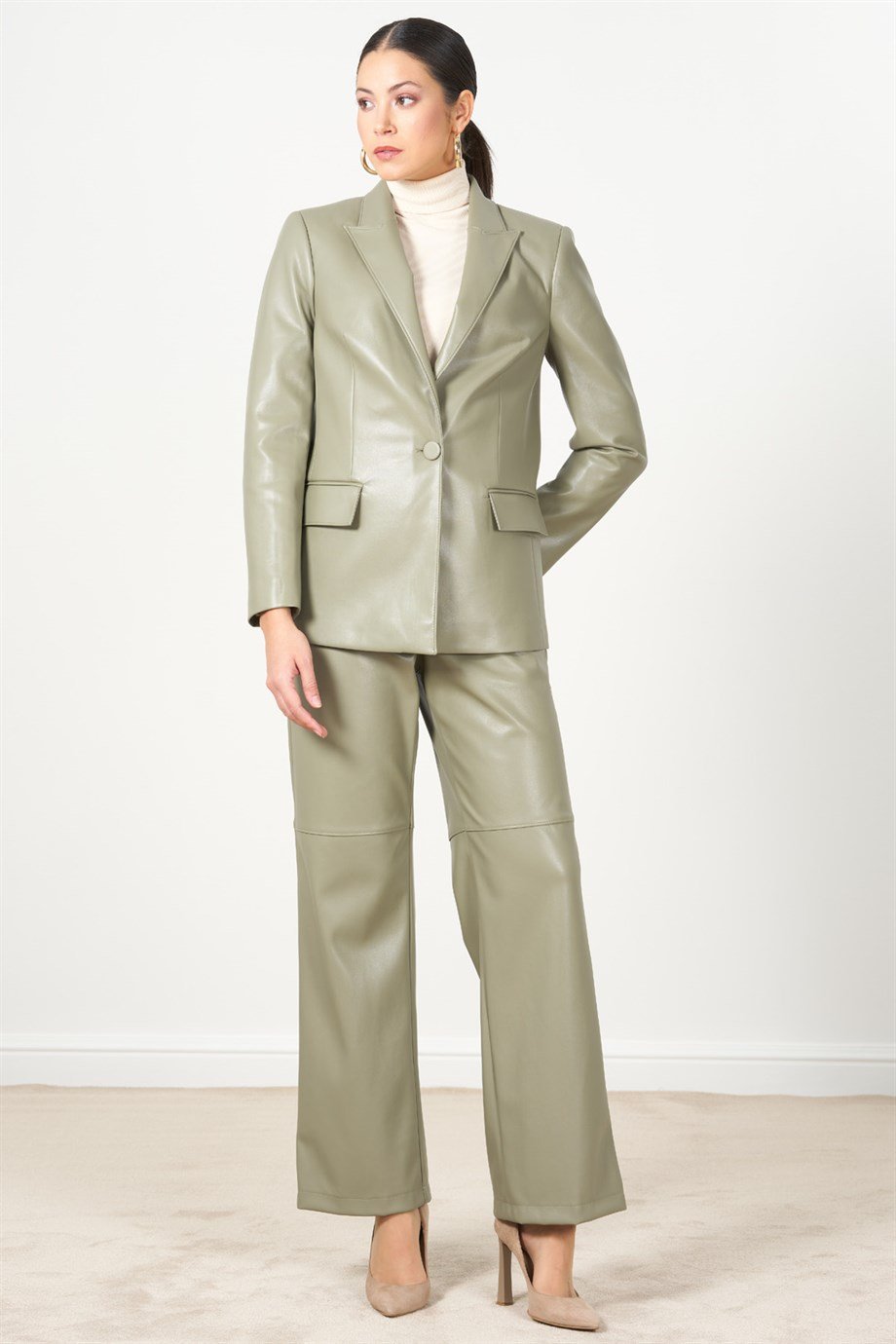 Su Yeşili Deri Pantolon Ceket Takım - Miss Lilium Concept