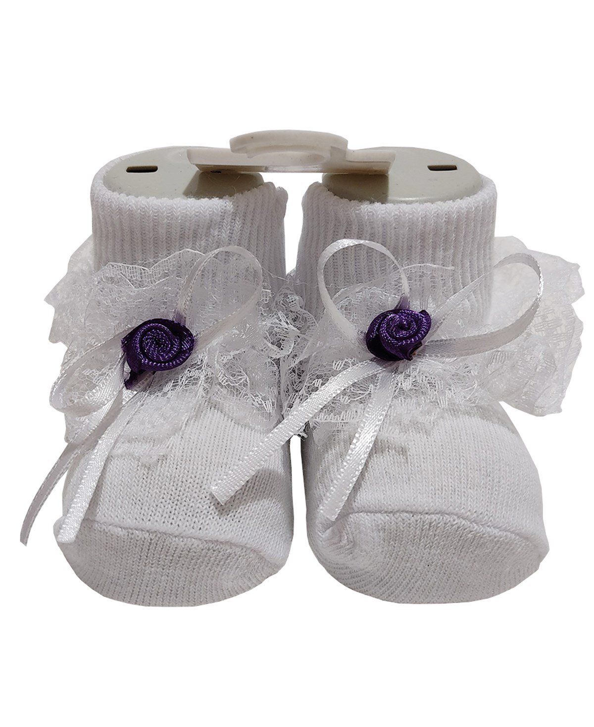 Fiyonklu Dantelli Kız Bebek Çorap-Beyaz | Papido