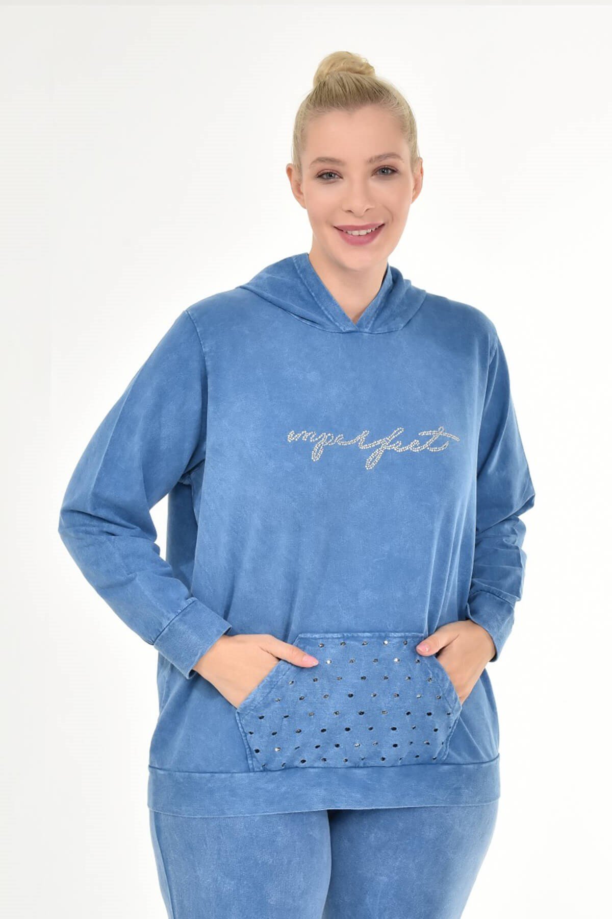Kadın Büyük Beden İtalyan Yıkama Mavi Kapşonlu Sweatshirt I Mia Butik