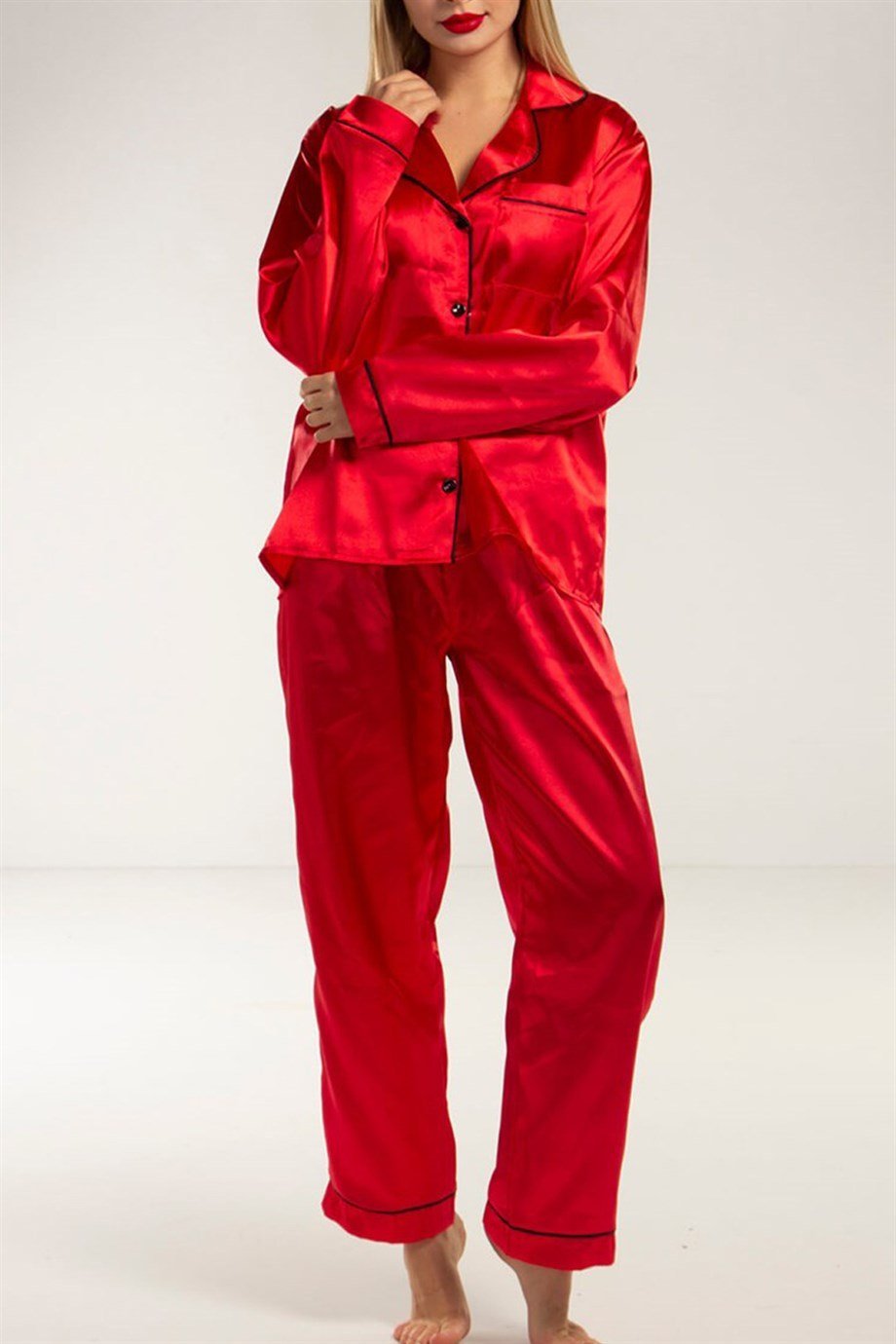 Kadın Kırmızı Saten Pijama Takımı | Mia Butik